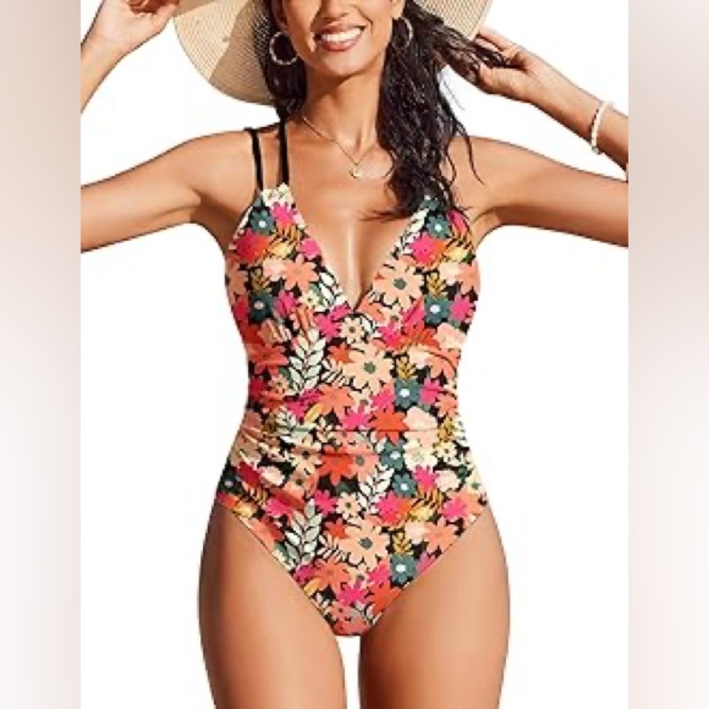 NWT- AI'MAGE Womens One Piece Ruched Swim Suit Crisscross Back Floral Print